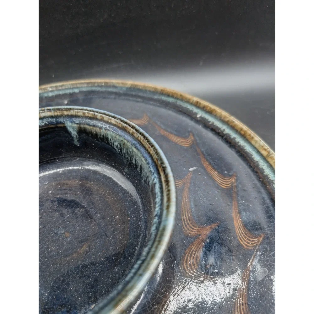 Studio Pottery Chip and Dip Serving Set Blue Brown Combed Wave Ceramic Signed